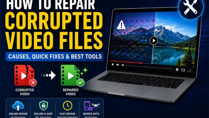Laptop showing a corrupted video being repaired with a side-by-side comparison of damaged and restored footage, illustrating video file recovery methods.