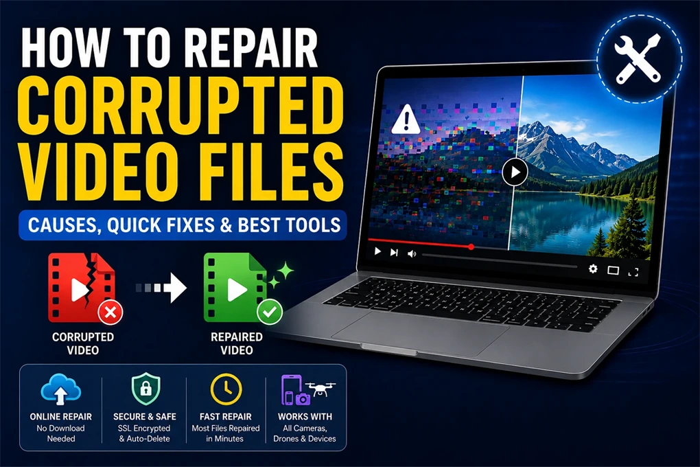 Laptop showing a corrupted video being repaired with a side-by-side comparison of damaged and restored footage, illustrating video file recovery methods.