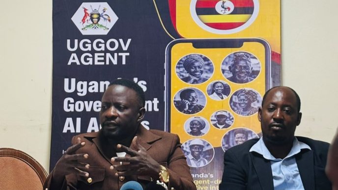 Dr. Hillary Musoke (left) and Ronald Katamba (right), briefing the journalists at the launch of the UGGov Agent by AfroSoft IT Solutions, at Hotel Africana. PHOTO: @IanJeremiah_/via X