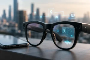 AI smart glasses displaying augmented reality interface beside a smartphone
