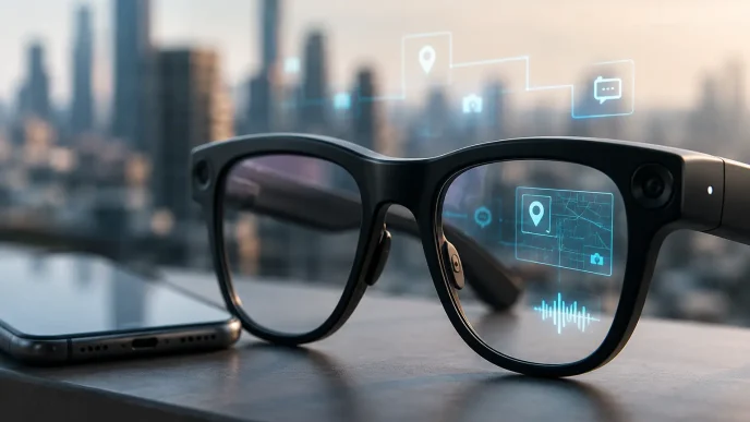 AI smart glasses displaying augmented reality interface beside a smartphone