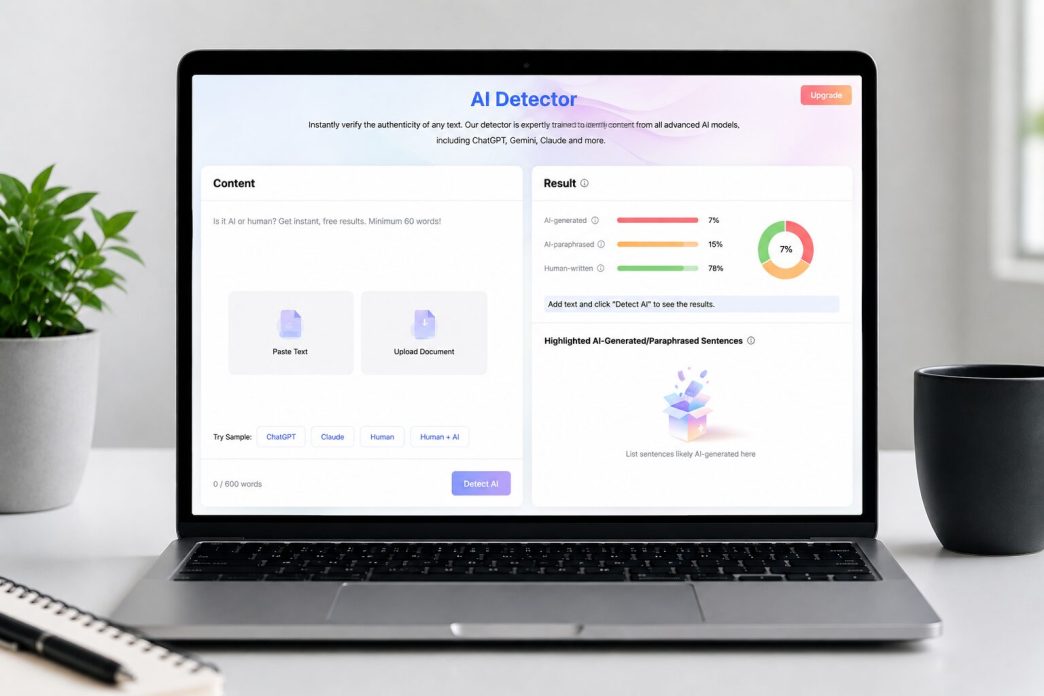 Laptop displaying the Lynote.ai AI Detector dashboard for detecting AI-generated and humanized content