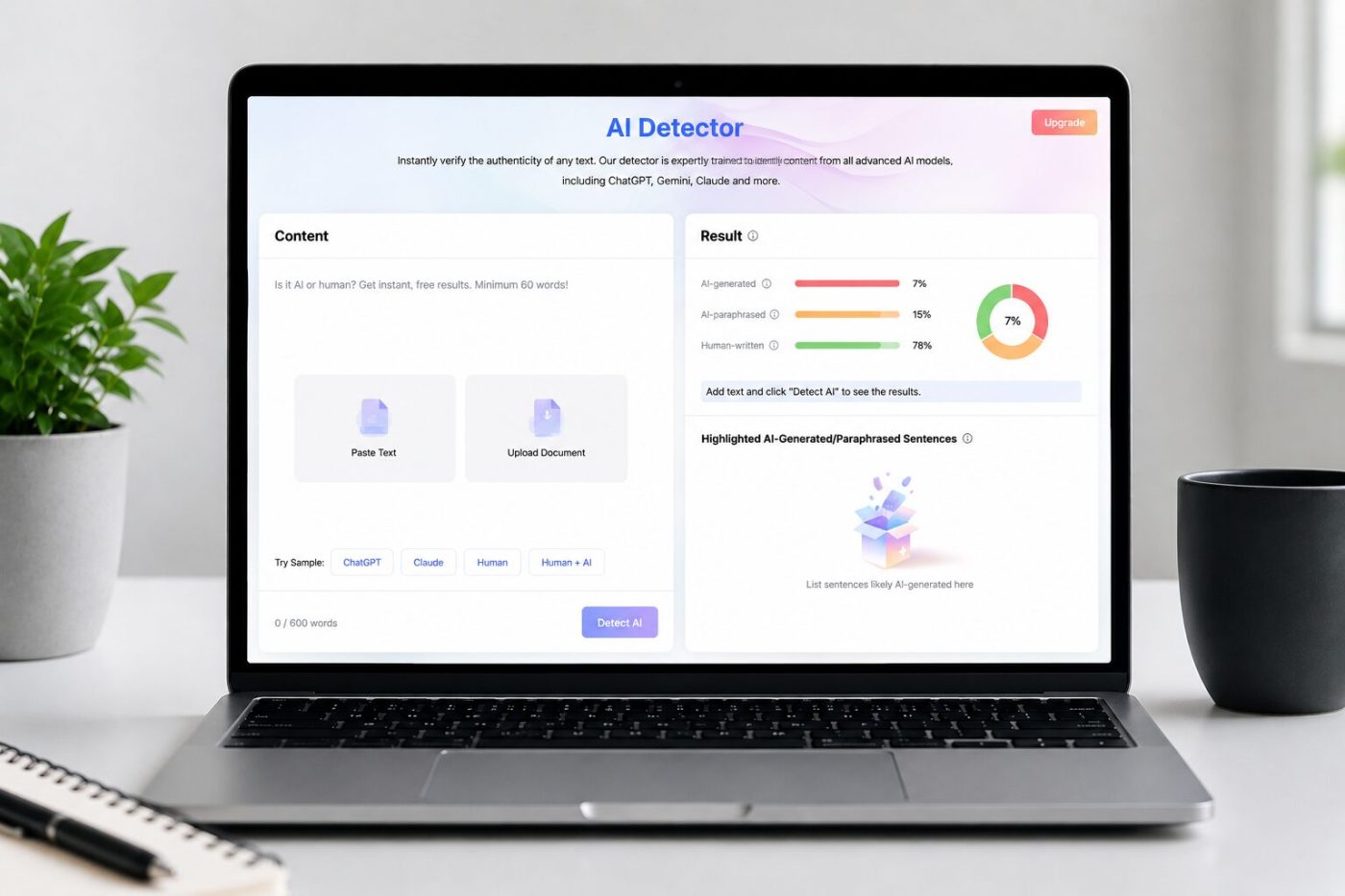 Laptop displaying the Lynote.ai AI Detector dashboard for detecting AI-generated and humanized content