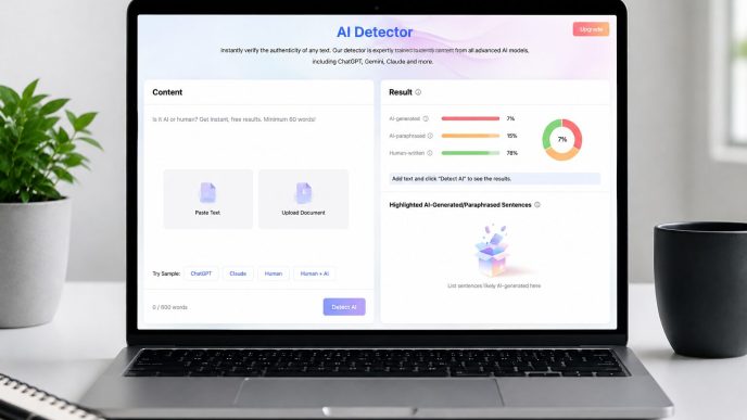 Laptop displaying the Lynote.ai AI Detector dashboard for detecting AI-generated and humanized content