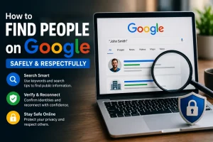Laptop showing a Google people search with privacy and verification icons.
