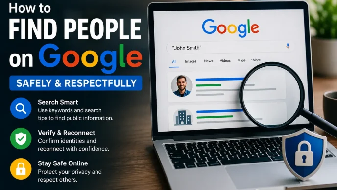 Laptop showing a Google people search with privacy and verification icons.