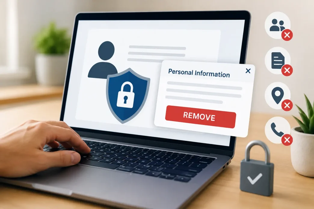 Laptop screen showing personal information removal and online privacy protection