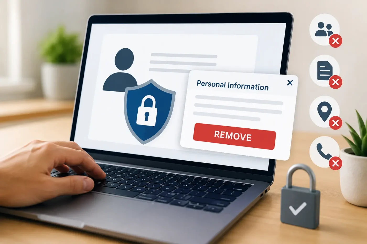 Laptop screen showing personal information removal and online privacy protection
