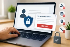Laptop screen showing personal information removal and online privacy protection