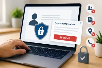 Laptop screen showing personal information removal and online privacy protection