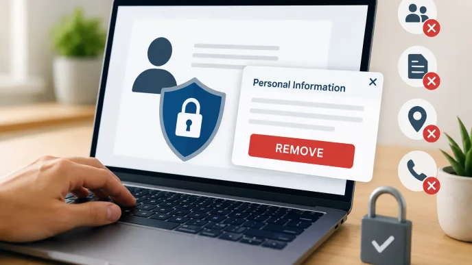 Laptop screen showing personal information removal and online privacy protection