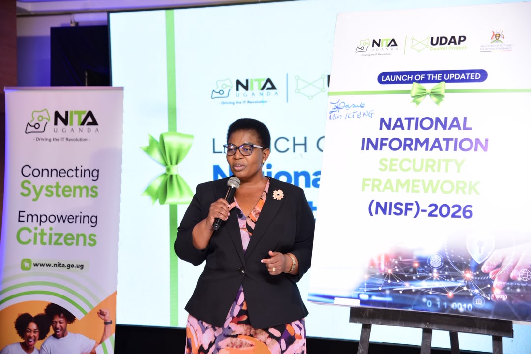 Rt. Hon. Justine Kasule Lumumba, Minister of ICT and National Guidance, speaking at the launch of the updated National Information Security Framework (NISF) 2026, at Four Points by Sheraton in Kampala. COURTESY PHOTO