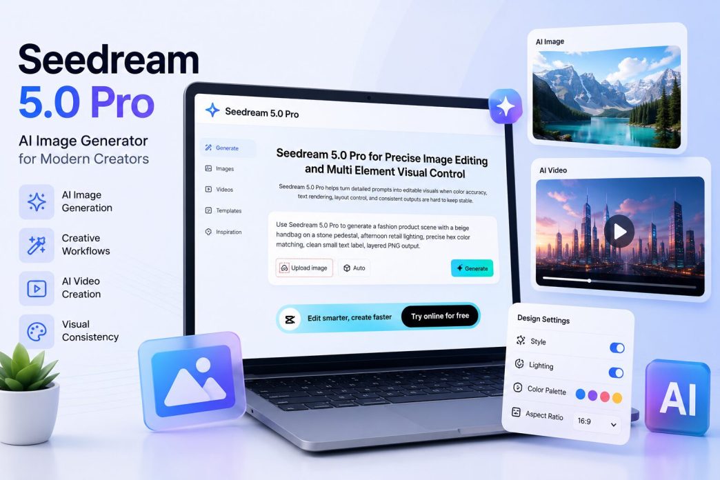 Seedream 5.0 Pro AI image generator interface showcasing AI image creation, video generation, and creative workflow tools