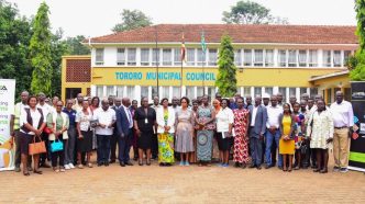 Officials from the Ministry of ICT and National Guidance, National Information Technology Authority-Uganda (NITA-U), Posta Uganda, Ministry of Public Service, and Tororo local leadership pose for a group photo after a joint site inspection of the Tororo Service Uganda Centre. COURTESY PHOTO