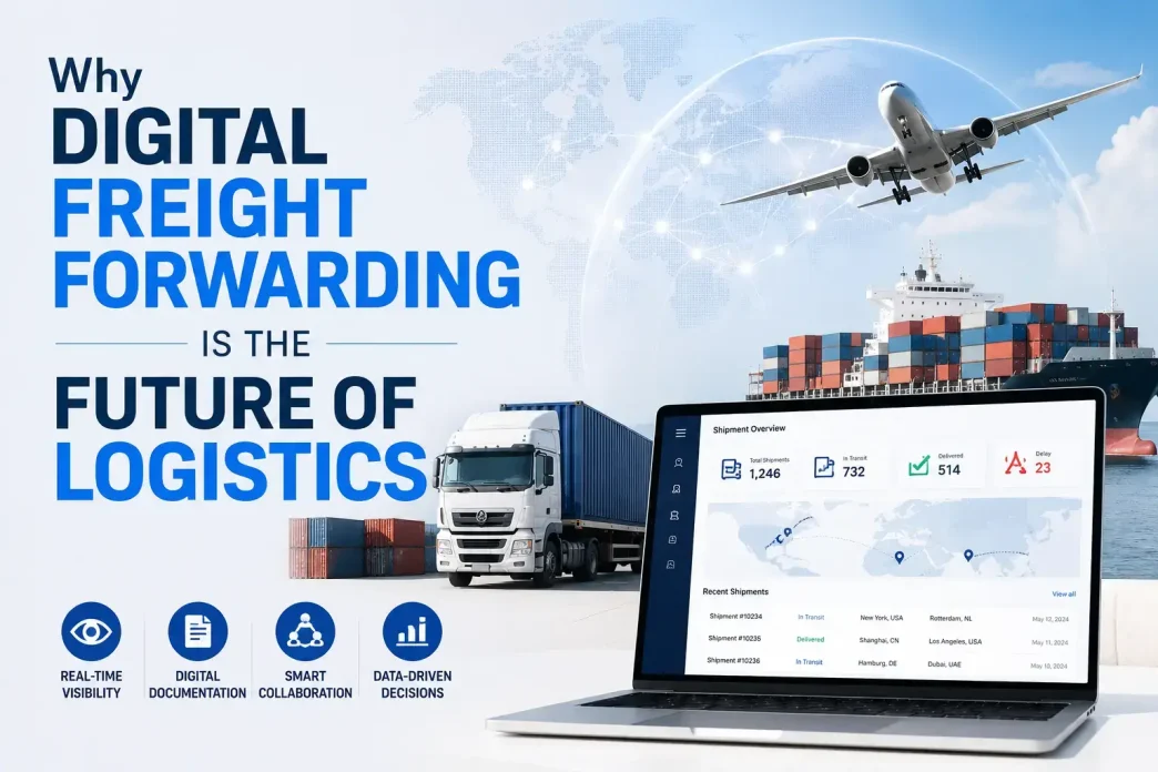 Digital freight forwarding dashboard with cargo ship, truck, airplane, and global logistics network