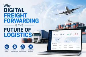 Digital freight forwarding dashboard with cargo ship, truck, airplane, and global logistics network