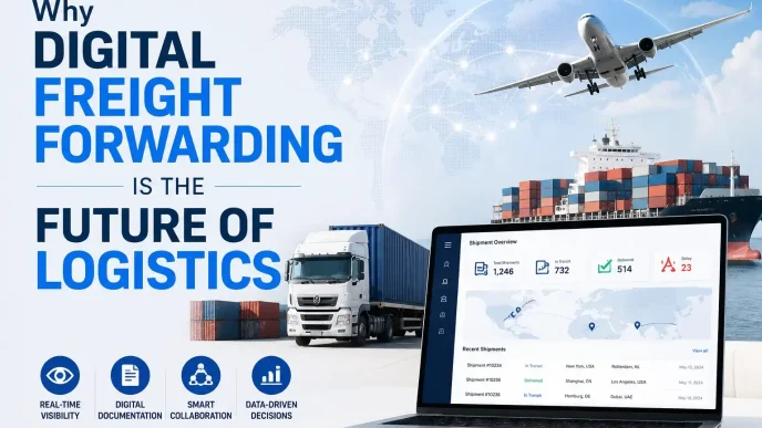Digital freight forwarding dashboard with cargo ship, truck, airplane, and global logistics network