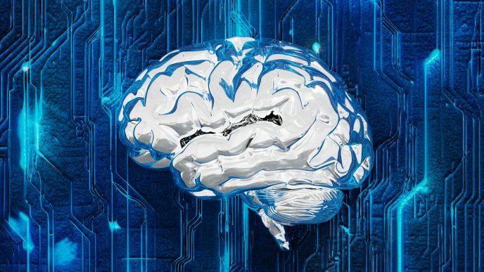 A computer circuit board designed in the shape of a human brain, representing artificial intelligence.