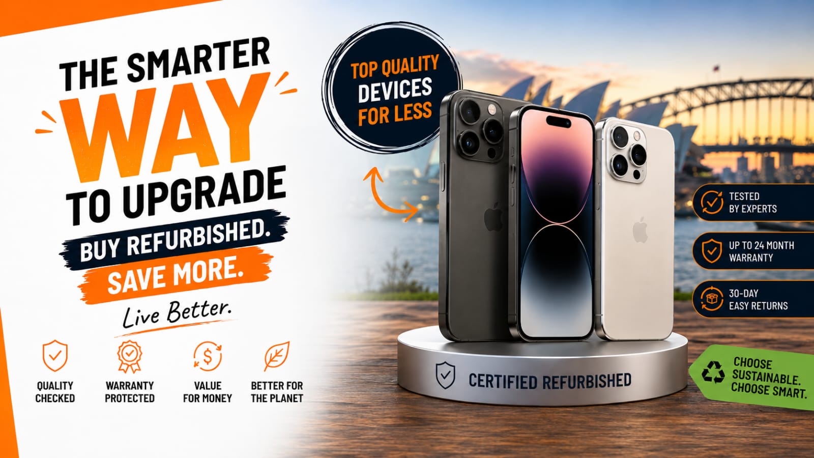Banner showing a person comparing refurbished smartphones with floating quality-check stamps and colourful phone visuals — representing a guide to buying refurbished phones in Australia.