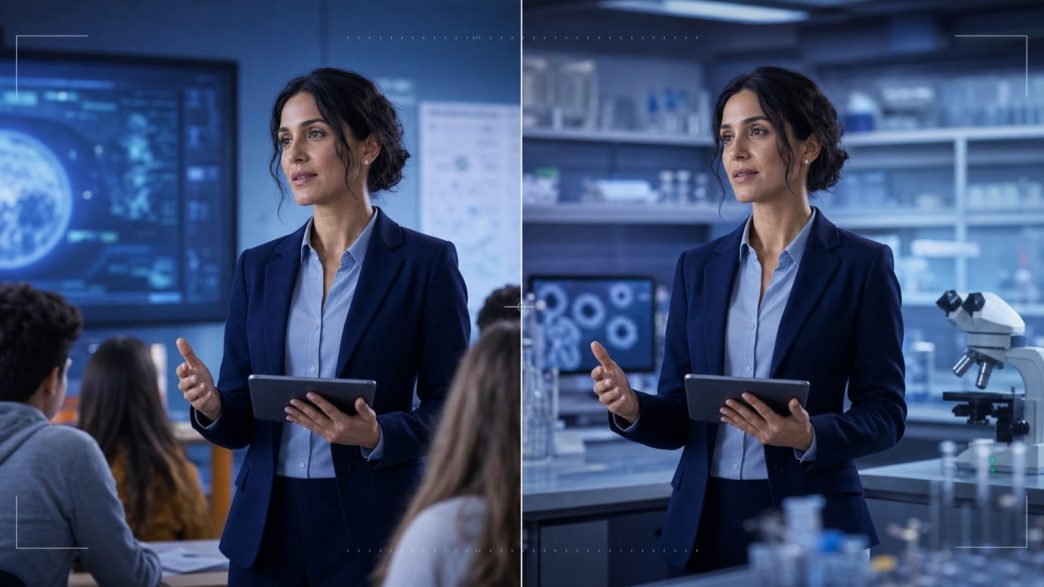 The same educator remains visually consistent across classroom and laboratory scenes connected by a clean cut.