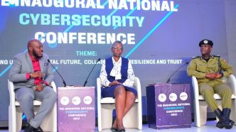Johnson Tumusiime, Governance and Risk Manager at NITA-Uganda, Eng. Christine Mugimba, Director of ICT and Research at UCC, and ACP. Andrew Mubiru, Director of Forensic Science at Uganda Police Force during a panel session at the inaugural National Cybersecurity Conference. COURTESY PHOTO