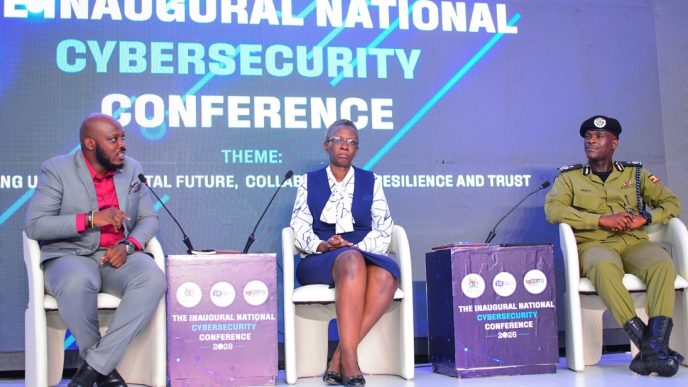 Johnson Tumusiime, Governance and Risk Manager at NITA-Uganda, Eng. Christine Mugimba, Director of ICT and Research at UCC, and ACP. Andrew Mubiru, Director of Forensic Science at Uganda Police Force during a panel session at the inaugural National Cybersecurity Conference. COURTESY PHOTO