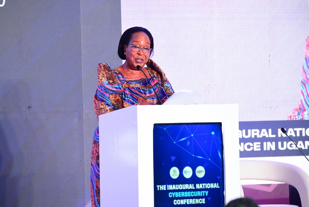 Hon. Joyce Nabbosa Ssebugwawo, State Minister for the Ministry of ICT and National Guidance, speaking at the inaugural National Cybersecurity Conference at the Kampala Sheraton Hotel. COURTESY PHOTO