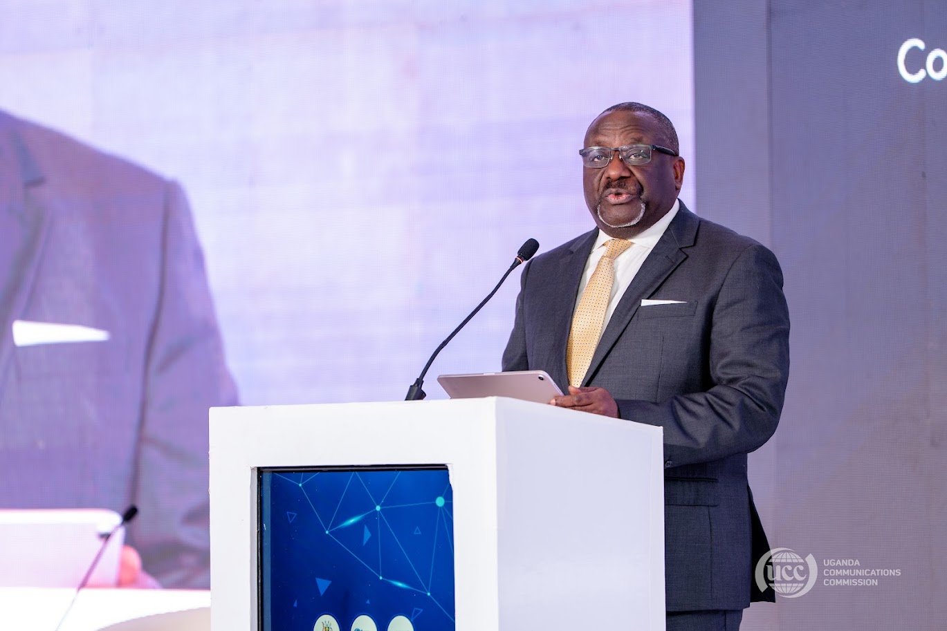 George William Nyombi Thembo, Executive Director of the Uganda Communication Commission, speaking at the inaugural National Cybersecurity Conference at the Kampala Sheraton Hotel. COURTESY PHOTO