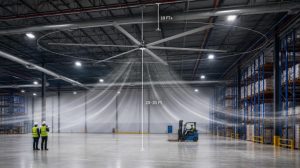 Large HVLS fan mounted 20 to 30 feet above the floor in a high-ceiling industrial warehouse
