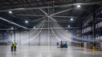 Large HVLS fan mounted 20 to 30 feet above the floor in a high-ceiling industrial warehouse