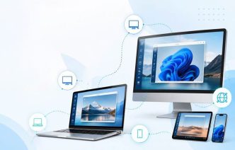 This image shows a network of laptop, iPad, desktop computer being operated remotely, and it also shows that this article is about six highly recommended remote desktop software.
