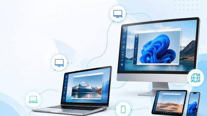This image shows a network of laptop, iPad, desktop computer being operated remotely, and it also shows that this article is about six highly recommended remote desktop software.
